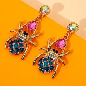 Colorful rhinestone and gem fashion spider dangling earrings NWT